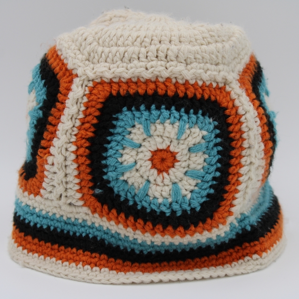 Handmade Crocheted Bucket Hat – Cream, Blue, Orange & White - Picture 3 of 4